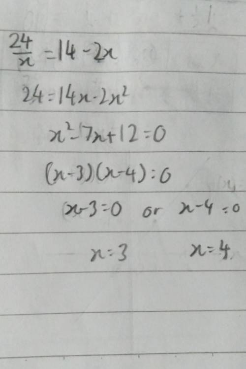 The quotient of 24 and x equals 14 minus 2 times x. Write the following in an equation.