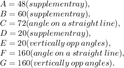 A =48 (supplementray),  \\ B =   60(supplementray), \\  C =72(angle \:on\: a \:straight \:line) , \\  D =20 (supplementray), \\  E =20 (vertically \: opp \: angles),  \\ F = 160(angle \:on\: a \:straight \:line),  \\ G =160(vertically  \:opp \: angles) .