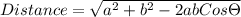 Distance = \sqrt{a^2+b^2-2ab Cos \Theta}