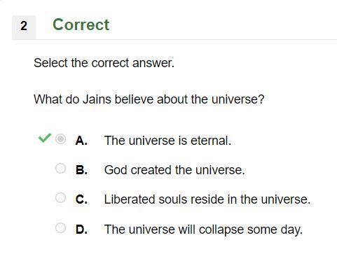 What do Jains believe about the universe?

A.
The universe is eternal.
B.
God created the universe.