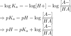 -\log K_a=-\log [H+]-\log\dfrac{[A-]}{[HA]}\\\Rightarrow pK_a=pH-\log\dfrac{[A-]}{[HA]}\\\Rightarrow pH=pK_a+\log\dfrac{[A-]}{[HA]}