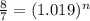 \frac{8}{7}=(1.019)^{n}