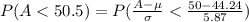 P(A  < 50.5 ) = P(\frac{A - \mu }{\sigma} <  \frac{50 - 44.24}{5.87}  )