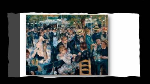 An impressionist painting titled Bal du Moulin de la Galette. A crowd of well-dressed Parisians are