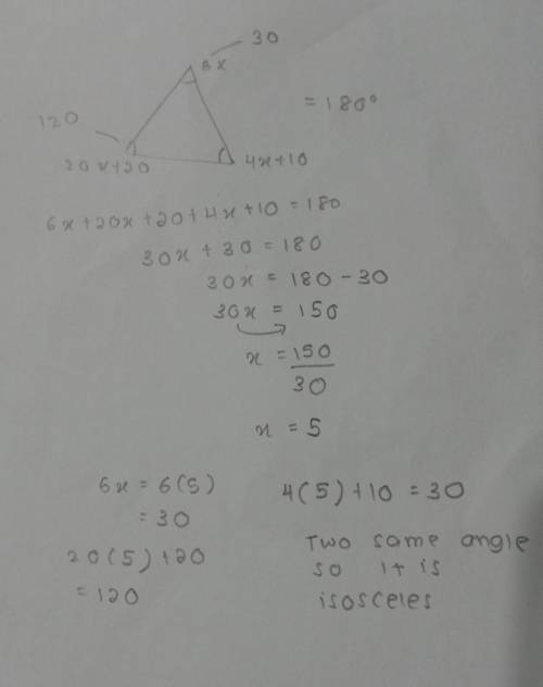 PLEASE HELP

The angle measures XYZ are represented by the expression 6x, 4x + 10, and 20x + 20. wha