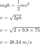 mgh=\dfrac{1}{2}mv^2\\\\v=\sqrt{2gh} \\\\v=\sqrt{2\times 9.8\times 75} \\\\v=38.34\ m/s