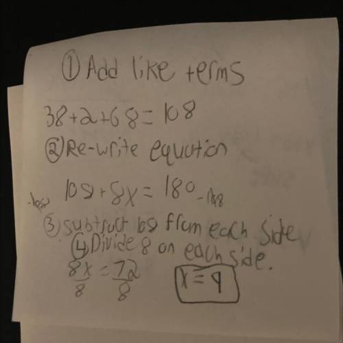 Solve for x PLEASE PLEASE
38+8x+2+68=180