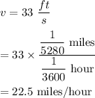 v=33\ \dfrac{ft}{s}\\\\=33\times \dfrac{\dfrac{1}{5280}\ \text{miles}}{\dfrac{1}{3600}\ \text{hour}}\\\\=22.5\ \text{miles/hour}