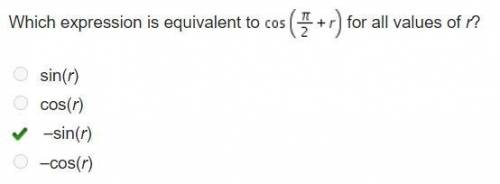 Which expression is equivalent to cos( pi/2+ r) for all values of r?

sin(r)cos(r)-sin(r)-cos(r)