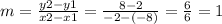 m =  \frac{y2 - y1}{x2 - x1}  =  \frac{8 - 2}{ - 2 - ( - 8)}  =  \frac{6}{6}  = 1