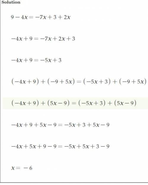 What is the solution: 9 –4x = –7x + 3 + 2x
