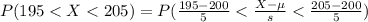 P(195 <  X  <  205 ) =  P(\frac{ 195-  200 }{5} < \frac{X -  \mu }{s} < \frac{205 -  200 }{5}  )