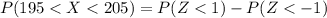 P(195 <  X  <  205 ) =  P(Z <  1)  -  P(Z