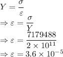 Y=\dfrac{\sigma}{\varepsilon}\\\Rightarrow \varepsilon=\dfrac{\sigma}{Y}\\\Rightarrow \varepsilon=\dfrac{7179488}{2\times 10^{11}}\\\Rightarrow \varepsilon=3.6\times 10^{-5}