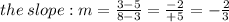 the \: slope : m =  \frac{3 - 5}{8 - 3}  =  \frac{ - 2}{ + 5}  =   - \frac{2 }{3}