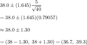 38.0\pm(1.645)\dfrac{5}{\sqrt{40}}\\\\= 38.0\pm (1.645)(0.79057)\\\\\approx38.0\pm1.30\\\\= (38-1.30,\ 38+1.30)=(36.7,\ 39.3)