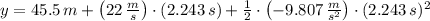 y = 45.5\,m + \left(22\,\frac{m}{s} \right)\cdot (2.243\,s) + \frac{1}{2}\cdot \left(-9.807\,\frac{m}{s^{2}} \right)\cdot (2.243\,s)^{2}