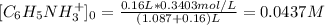 [C_6H_5NH_3^+]_0=\frac{0.16L*0.3403mol/L}{(1.087+0.16)L} =0.0437M