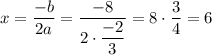 x = \dfrac{-b}{2a}=\dfrac{-8}{2\cdot\dfrac{-2}{3}}=8\cdot\dfrac{3}{4}=6