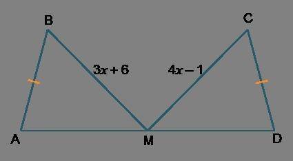 M is the midpoint of AD. Triangles A B M and D C M are connected at point M. Sides A B and C D are c