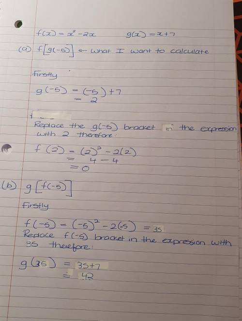 Given that f(x)=x^2-2x and g(x)=x+7, calculate 
a) (f o g)(-5)
b) (g o f)(-5)