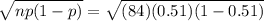 \sqrt{np(1-p)}=\sqrt{(84)(0.51)(1-0.51)}