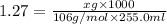 1.27=\frac{xg\times 1000}{106g/mol\times 255.0 ml}