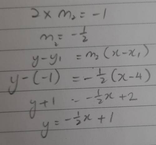 Write the equation of a perpendicular line to Y=2x+3 passing through (4,-1)

A. Y= 2x-9
B. Y= -1/2 x