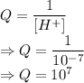 Q=\dfrac{1}{[H^+]}\\\Rightarrow Q=\dfrac{1}{10^{-7}}\\\Rightarrow Q=10^7