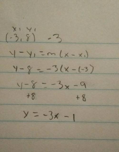 A line has a slope of -3 and passes through the point (-3, 8). What is the equation of the line?