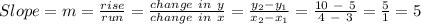 Slope = m = \frac{rise}{run} = \frac{change~in~y}{change~in~x} = \frac{y_2-y_1}{x_2-x_1} = \frac{10~-~5}{4~-~3} = \frac{5}{1} = 5