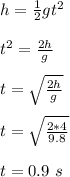 h = \frac{1}{2}gt^2\\\\t^2 = \frac{2h}{g}\\\\t = \sqrt{\frac{2h}{g}}\\\\t =    \sqrt{\frac{2*4}{9.8}}\\\\t = 0.9 \ s