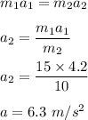 m_1a_1=m_2a_2\\\\a_2=\dfrac{m_1a_1}{m_2}\\\\a_2=\dfrac{15\times 4.2}{10}\\\\a=6.3\ m/s^2
