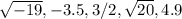 \sqrt{-19} , -3.5, 3/2, \sqrt{20} , 4.9