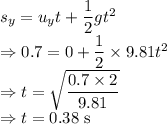 s_y=u_yt+\dfrac{1}{2}gt^2\\\Rightarrow 0.7=0+\dfrac{1}{2}\times 9.81t^2\\\Rightarrow t=\sqrt{\dfrac{0.7\times 2}{9.81}}\\\Rightarrow t=0.38\ \text{s}