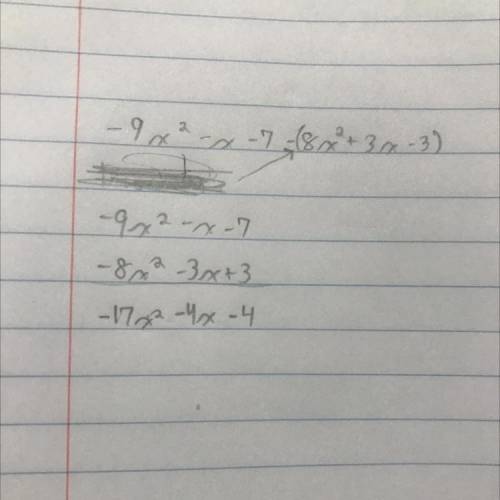 PLEASE HELP ASAP!
Given f(x)= -9x^2 - x - 7 and g(x)= 8x² + 3x – 3, find (f-g)(x).