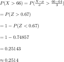 P(X66)=P(\frac{X-\mu}{\sigma}\frac{66-64}{3})\\\\=P(Z0.67)\\\\=1-P(Z