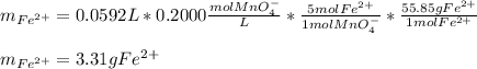 m_{Fe^{2+}}=0.0592L*0.2000\frac{molMnO_4^-}{L}*\frac{5molFe^{2+}}{1molMnO_4^-}  *\frac{55.85gFe^{2+}}{1molFe^{2+}} \\\\m_{Fe^{2+}}=3.31gFe^{2+}