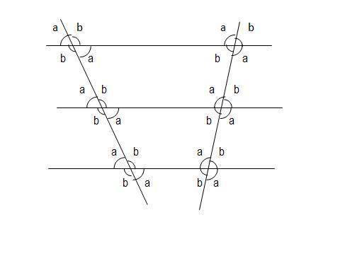 Notice that two line segments are formed on each transversal between the central parallel line and t