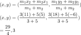 (x,y)=(\dfrac{m_1x_2+m_2x_1}{m_1+m_2},\dfrac{m_1y_2+m_2y_1}{m_1+m_2})\\\\(x,y)=(\dfrac{3(11)+5(5)}{3+5},\dfrac{3(18)+5(-6)}{3+5})\\\\=\dfrac{29}{4},3