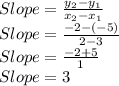 Slope=\frac{y_2-y_1}{x_2-x_1}\\Slope=\frac{-2-(-5)}{2-3}\\Slope=\frac{-2+5}{1}\\Slope=3