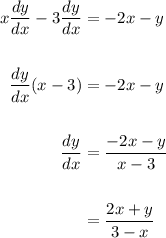 \displaystyle \begin{aligned} x \frac{dy}{dx} - 3\frac{dy}{dx} & = -2x - y \\ \\ \frac{dy}{dx}(x - 3) & = -2x - y \\ \\ \frac{dy}{dx} & = \frac{-2x-y}{x-3} \\ \\ & = \frac{2x+y}{3-x} \end{aligned}