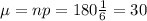 \mu = np = 180\frac{1}{6} = 30