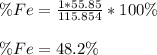 \% Fe=\frac{1*55.85}{115.854}*100\%\\\\\% Fe=48.2\%