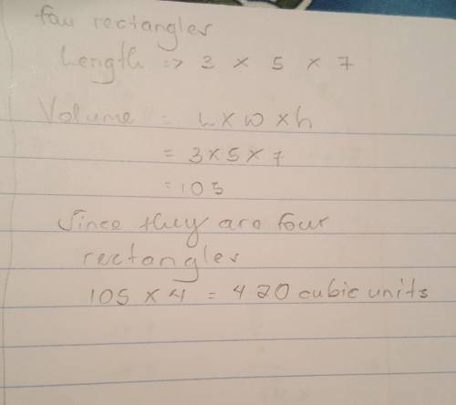 There is a composite figure by four rectangles, sides length is 3 by 5 by 7, find the volume of the 