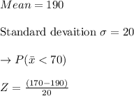 Mean  = 190\\\\\text{Standard devaition} \ \sigma= 20\\\\\to  P(\bar{x}