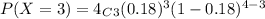 P(X=3)=4_C_3(0.18)^3(1-0.18)^{4-3}