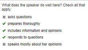 What does the speaker do well here? Check all that apply. asks questions prepares thoroughly include