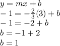 y=mx+b\\-1=-\frac{2}{3}(3)+b\\-1=-2+b\\b=-1+2\\b=1