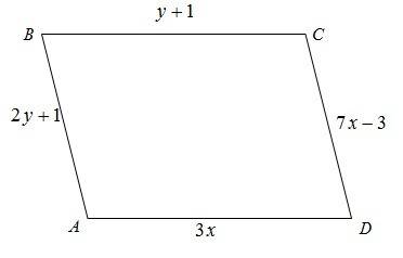Ab=2y+1, bc=y+1,cd=7x-3,da=3x what is x and y